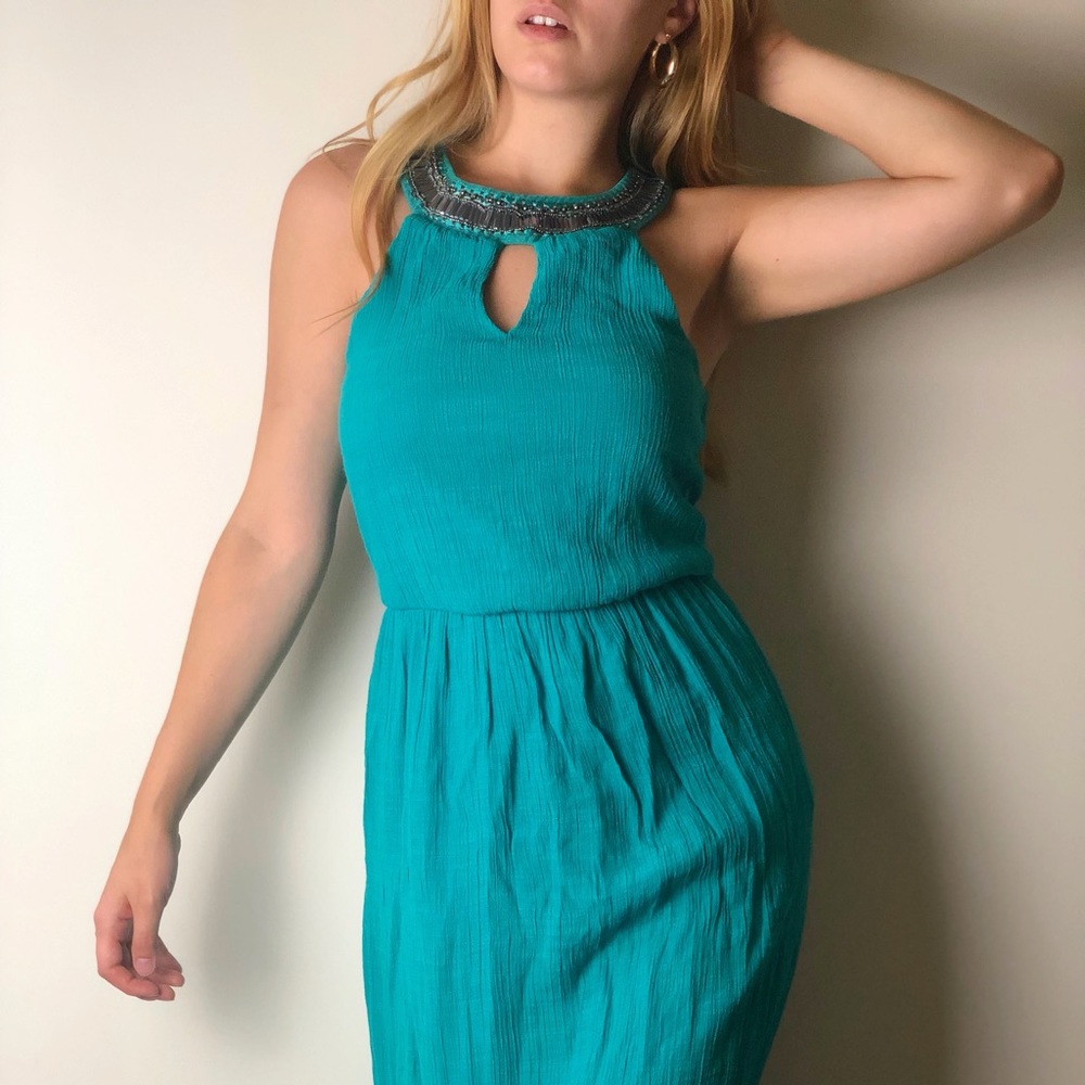 Maxi turquoise jewel neck dress